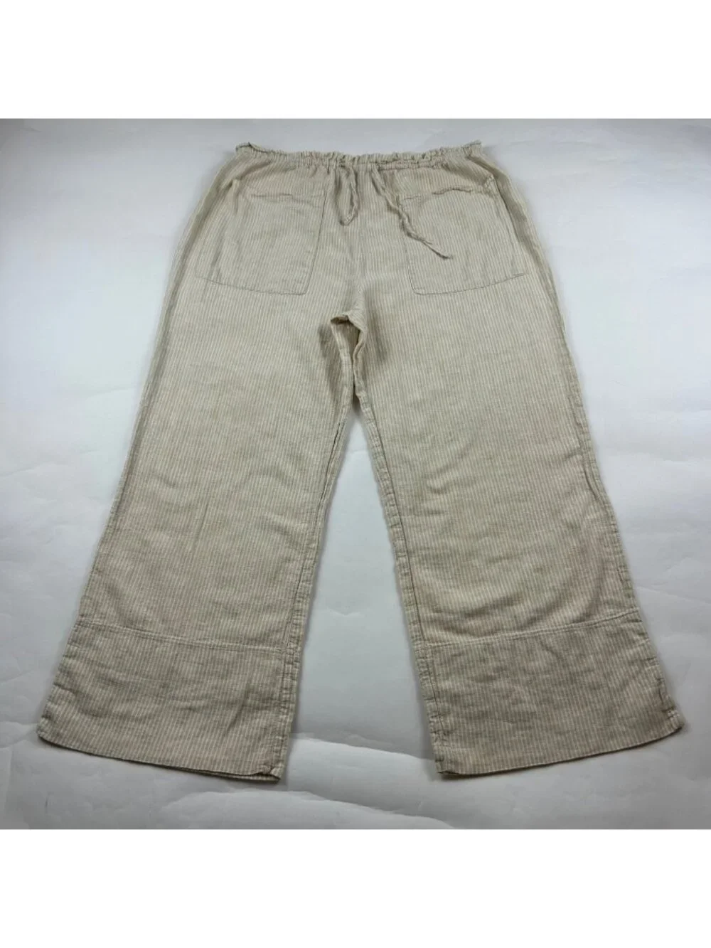 Zara Tan Striped Linen Blend Wide Leg Cropped Lounge Pant M